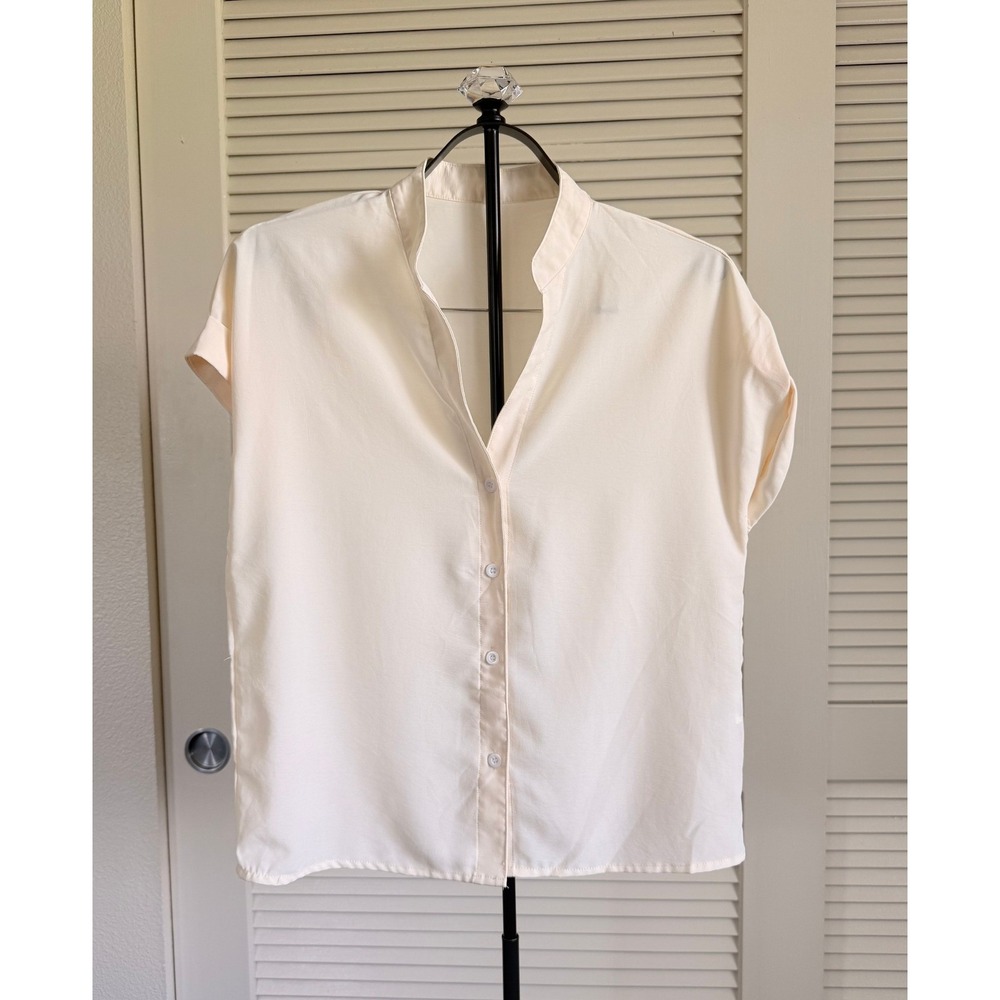 Unbranded Cream Short Sleeve Button Down Blouse Top Mandarin Collar Small